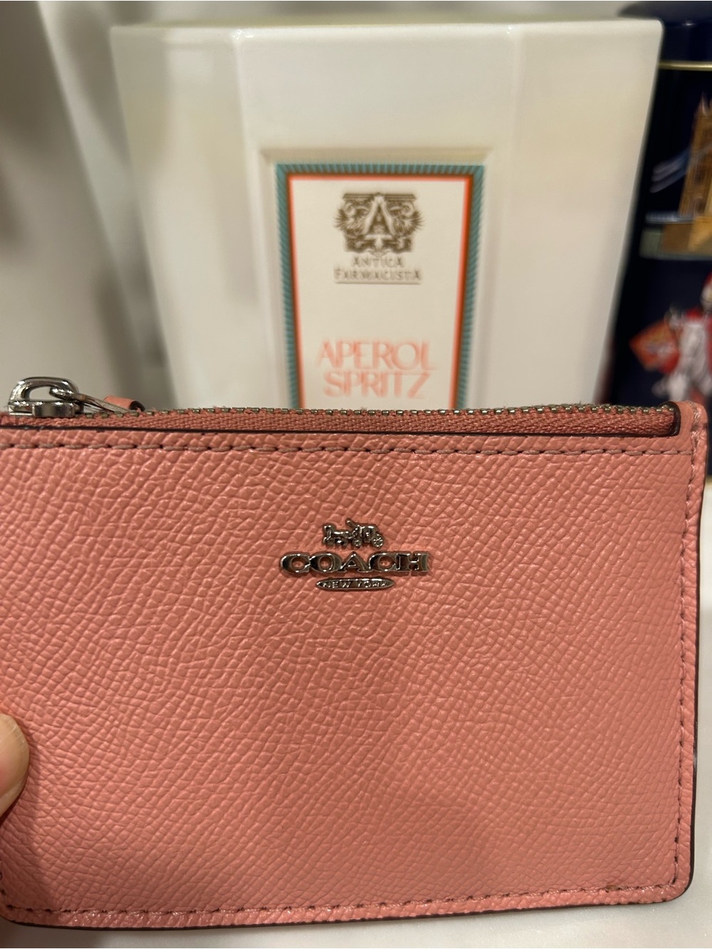 Coach Zip Card Case Pink Crossgrain Leather ID Wallet Key Ring - Picture 2 of 4